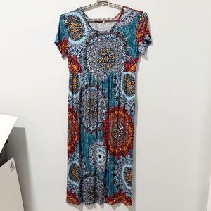 Bishuige Colorful Mandala Print Maxi Dress Womens Sz 3X‎ Short Sleeve Flowy Boho